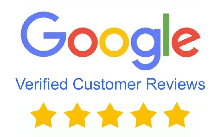 Google logo with "Verified Customer Reviews" text and five yellow stars, representing customer satisfaction and quality service for boiler installations and repairs by JJK Gas Services in Wigan and Greater Manchester.