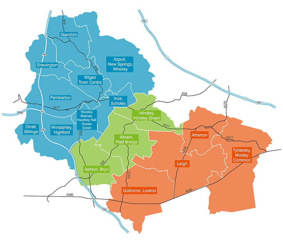 Wigan map highlighting service area, showing where jjk gas service covers