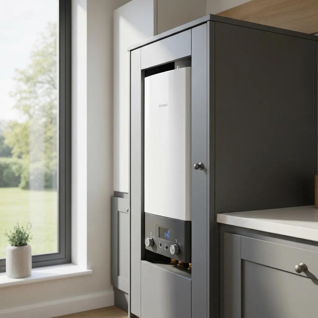 Modern A-rated condensing boiler installed in a sleek kitchen cabinet, showcasing energy-efficient design and digital control panel, emphasising potential savings on heating bills and improved home value.
