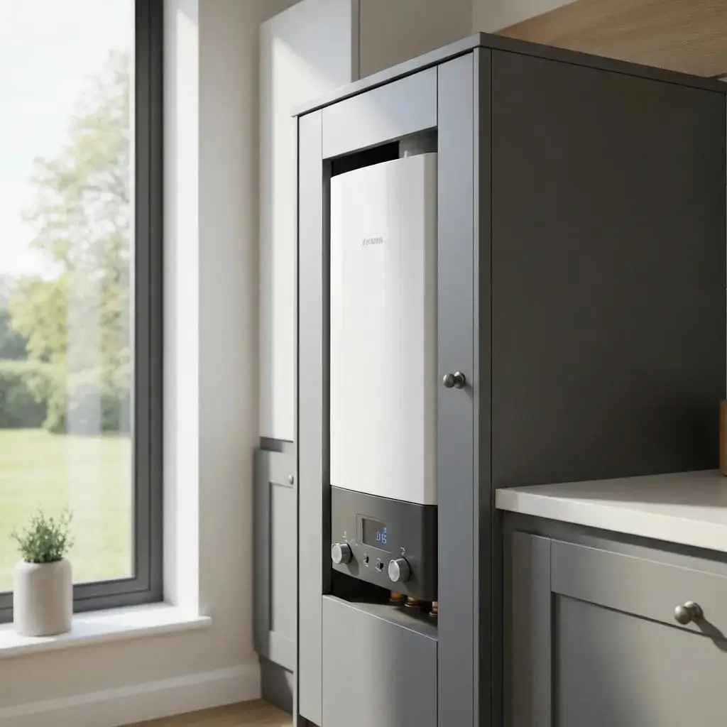 A sleek, modern A-rated condensing boiler installed in a contemporary kitchen, highlighting its energy efficiency and cost-saving capabilities.