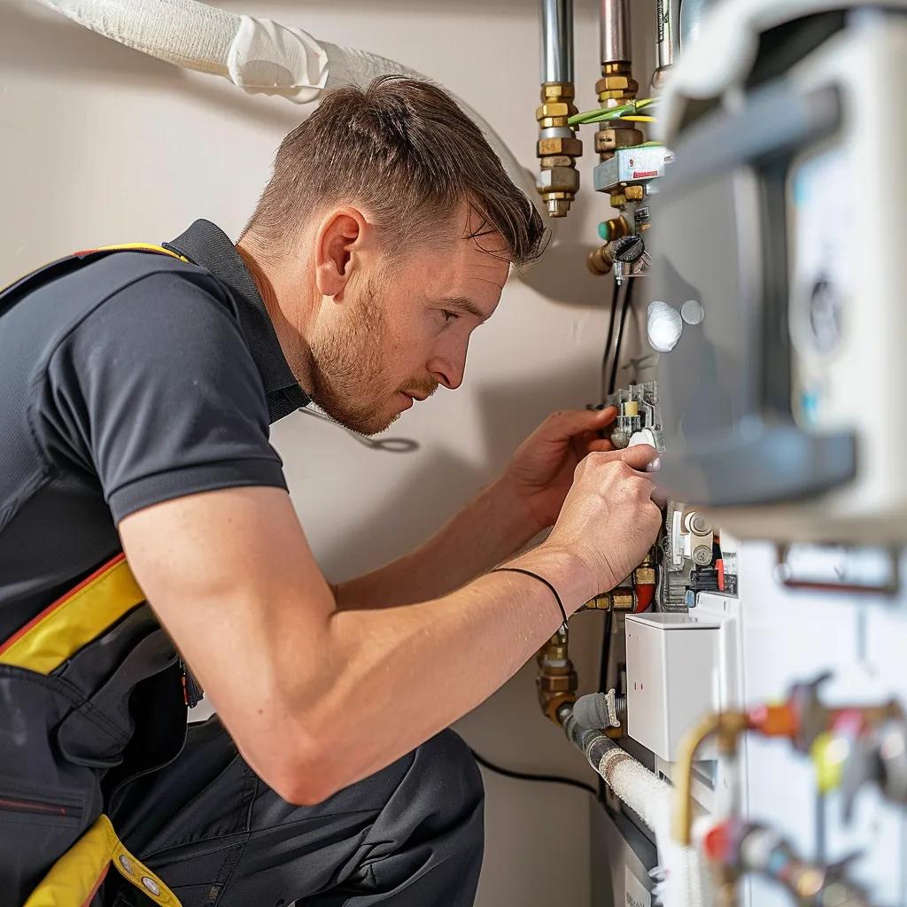 Technician inspecting a modern boiler during a service in Wigan