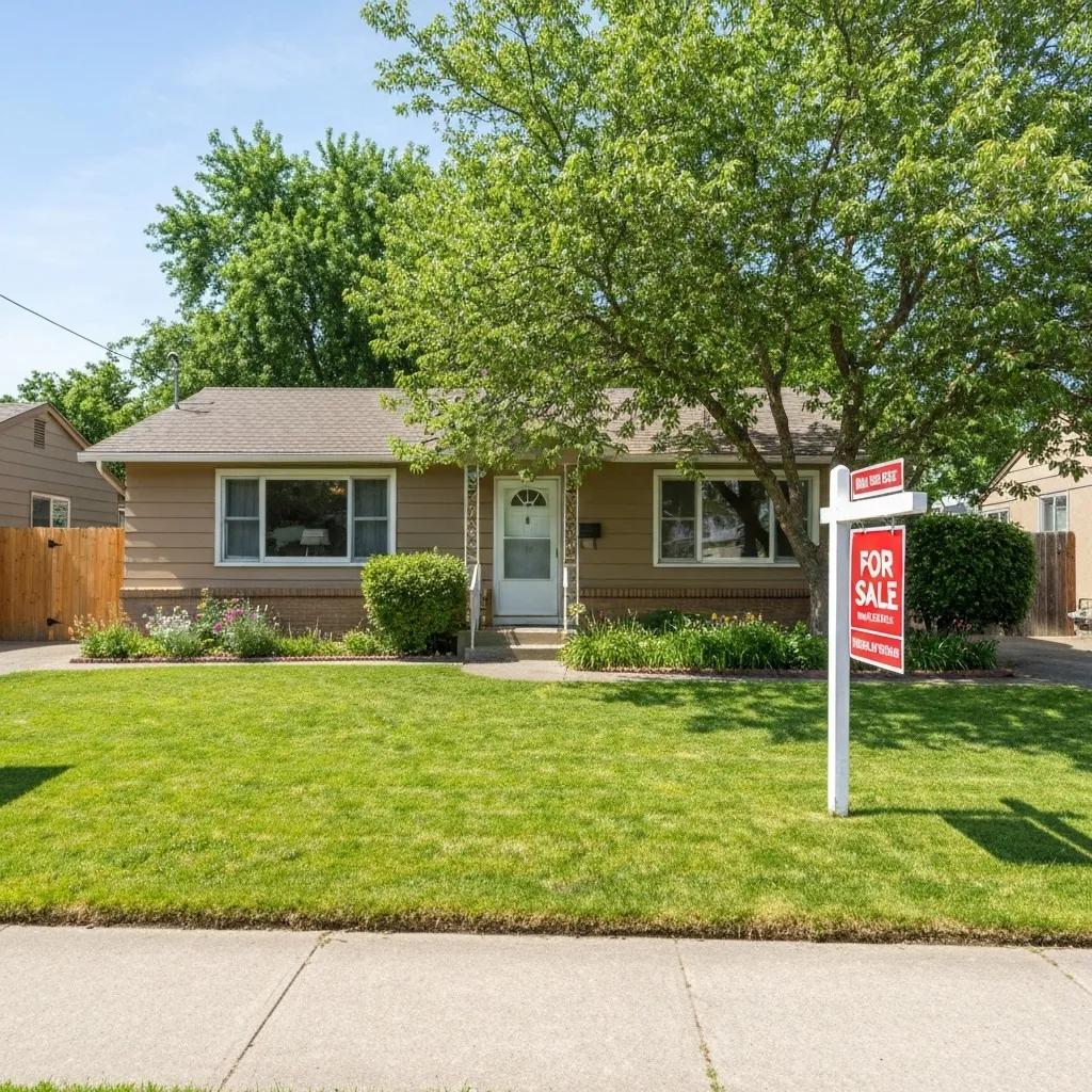 Modern bungalow with well-maintained lawn, flowering shrubs, and a "For Sale" sign, highlighting property value and appeal for potential buyers.