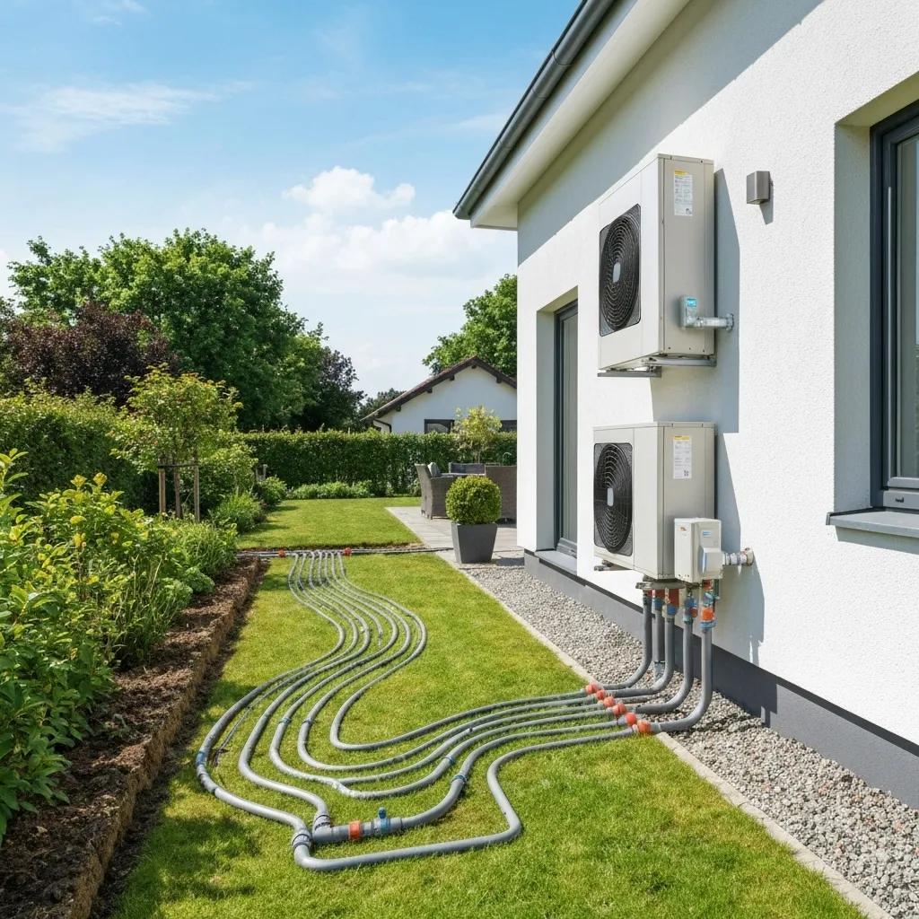 Air source heat pumps installed on a modern home exterior, with visible piping on a landscaped lawn, illustrating renewable heating solutions in Wigan.