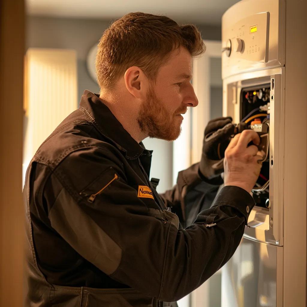 Heating engineer performing maintenance on a boiler, showcasing expertise in gas services and plumbing solutions.