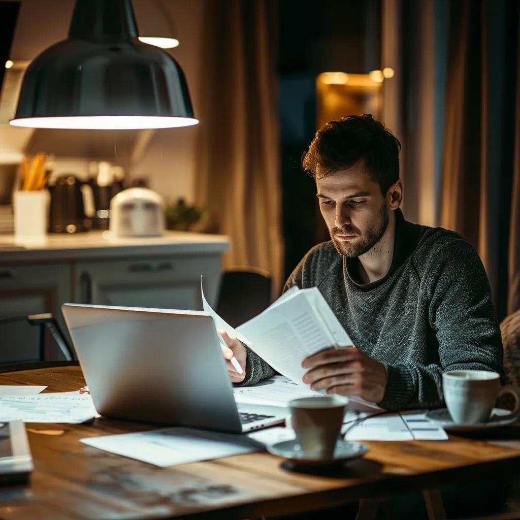 Homeowner exploring government grants for boiler installations with paperwork and laptop