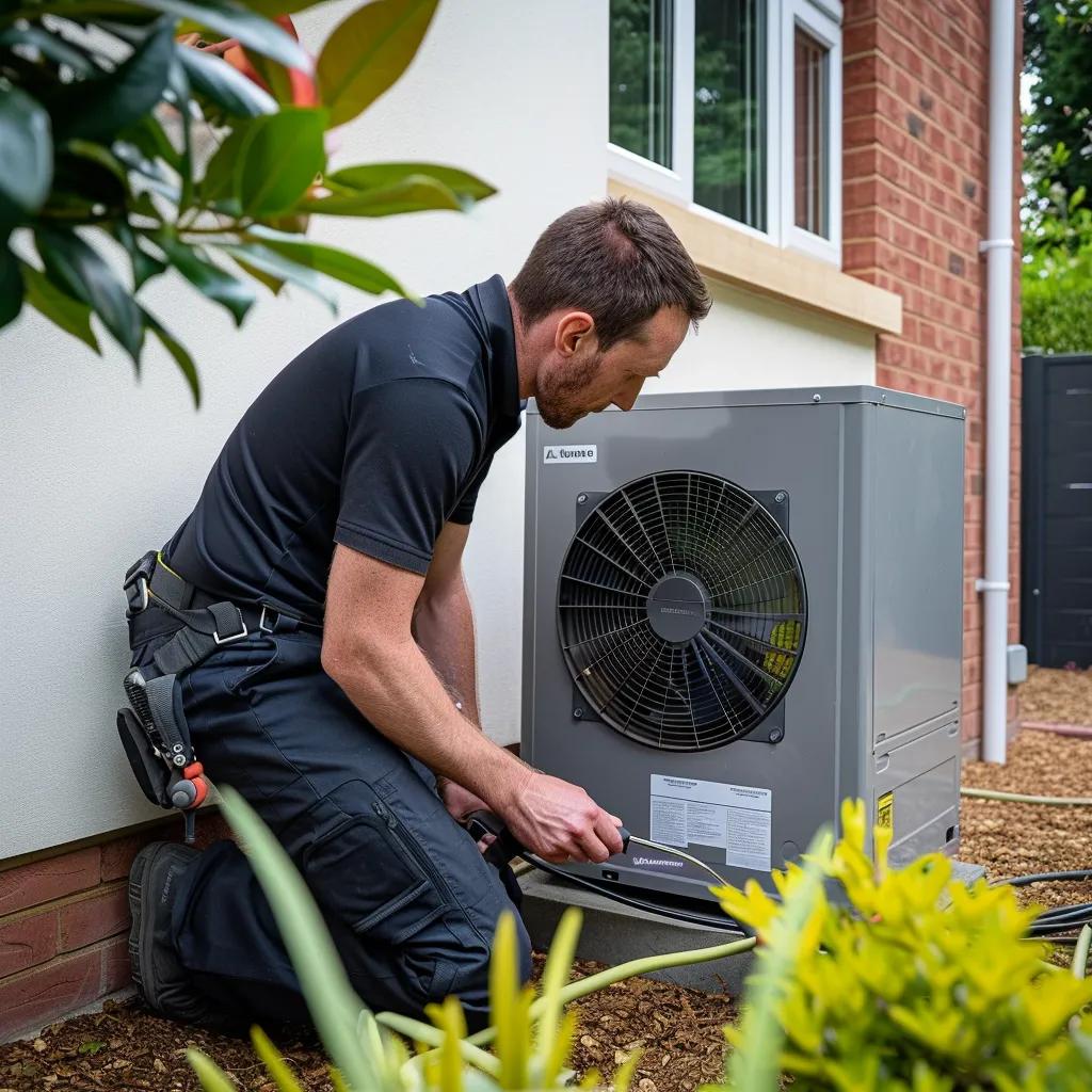 Heating engineer installing an air source heat pump outside a modern home