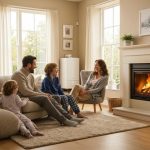 Family enjoying a warm home environment with a modern boiler, highlighting financial benefits of energy efficiency