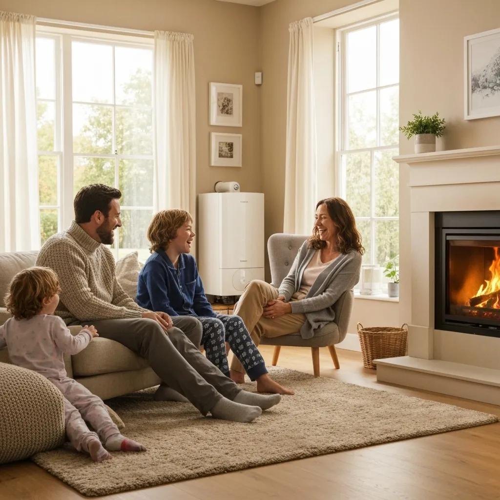 Family enjoying quality time in a cosy living room with a modern boiler and fireplace, highlighting the comfort and warmth of upgraded heating solutions.