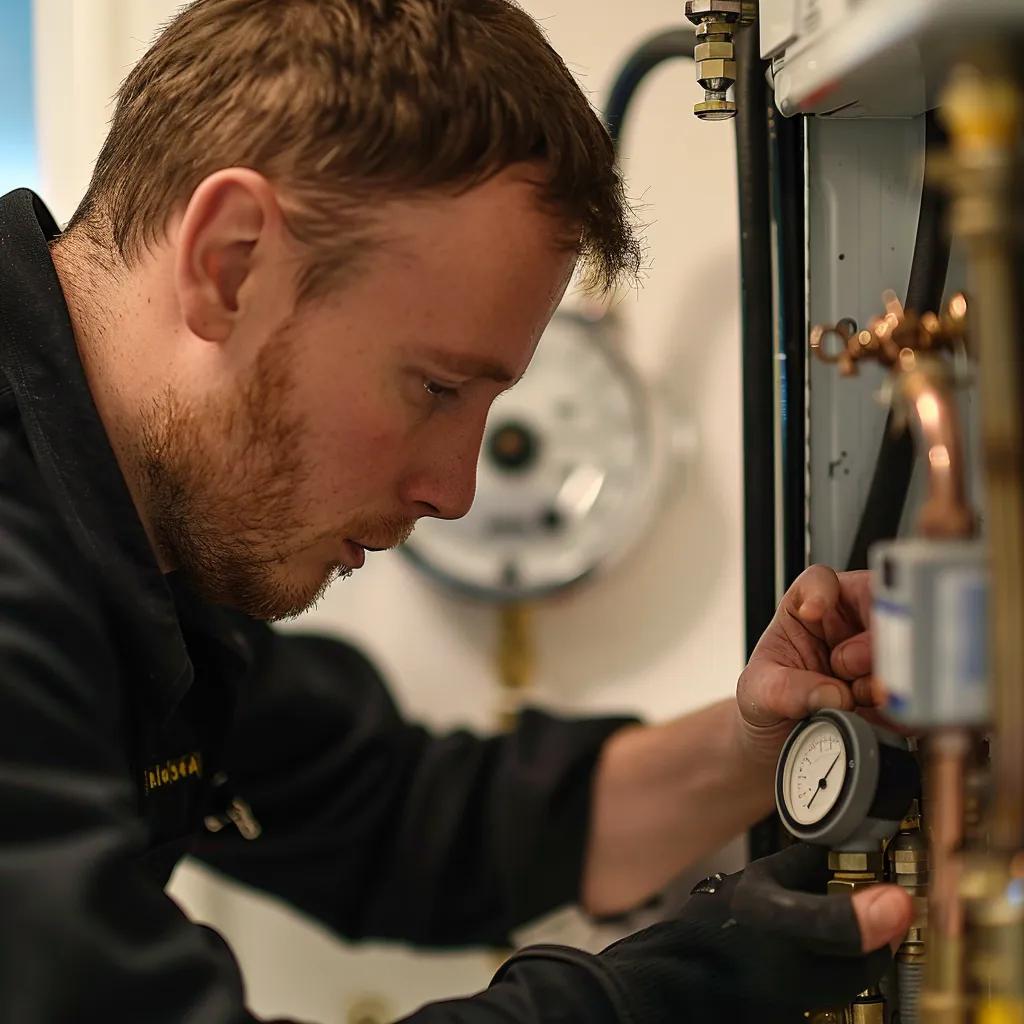 Heating engineer diagnosing a boiler issue with tools in a utility room