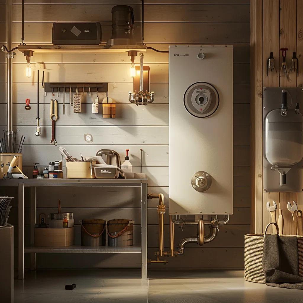Modern boiler installation in a well-organized workshop setting, featuring tools, plumbing supplies, and a heating unit, relevant to JJK Gas Services' offerings on boiler care and installation costs.