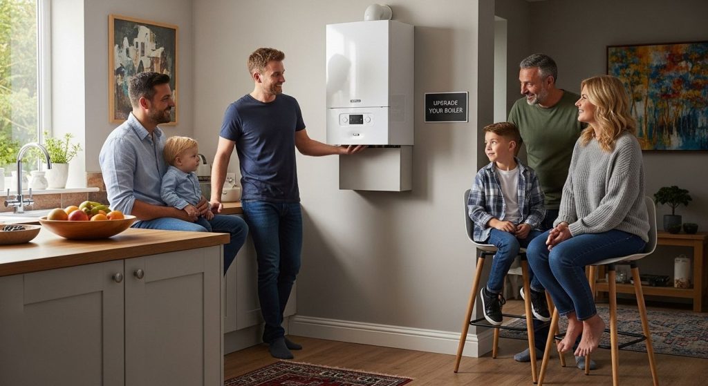 Family engaging with a gas boiler installation in a modern kitchen, highlighting JJK Gas Services' focus on boiler upgrades and customer satisfaction.