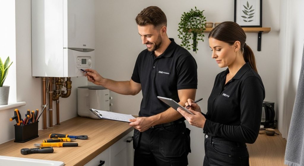 Gas engineers inspecting a boiler, taking notes on a clipboard and tablet, surrounded by tools in a modern kitchen setting, reflecting JJK Gas Services' expertise in boiler maintenance and installation in Wigan.