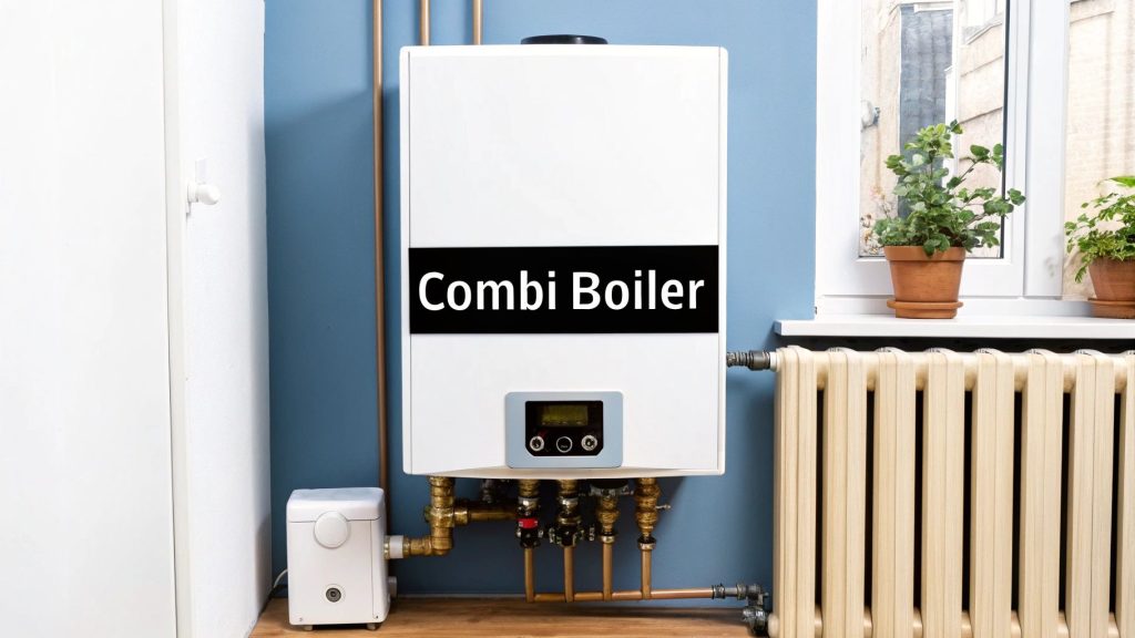 Combi boiler installed on a wall with visible pipes and radiator, illustrating home heating solutions relevant to UK homeowners.