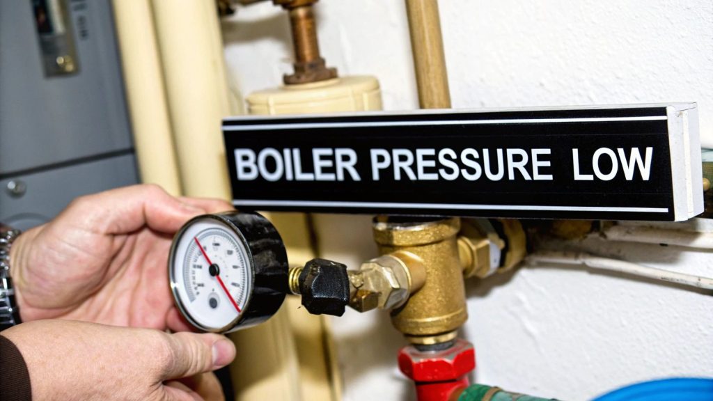 Hand adjusting boiler pressure gauge next to a sign reading "BOILER PRESSURE LOW," illustrating boiler maintenance and troubleshooting.