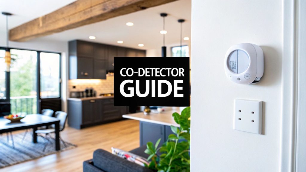 CO detector mounted on wall in modern kitchen, emphasizing safety and compliance with carbon monoxide regulations.