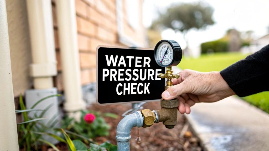 Hand adjusting water pressure gauge with "WATER PRESSURE CHECK" sign, demonstrating essential plumbing maintenance for UK homes.