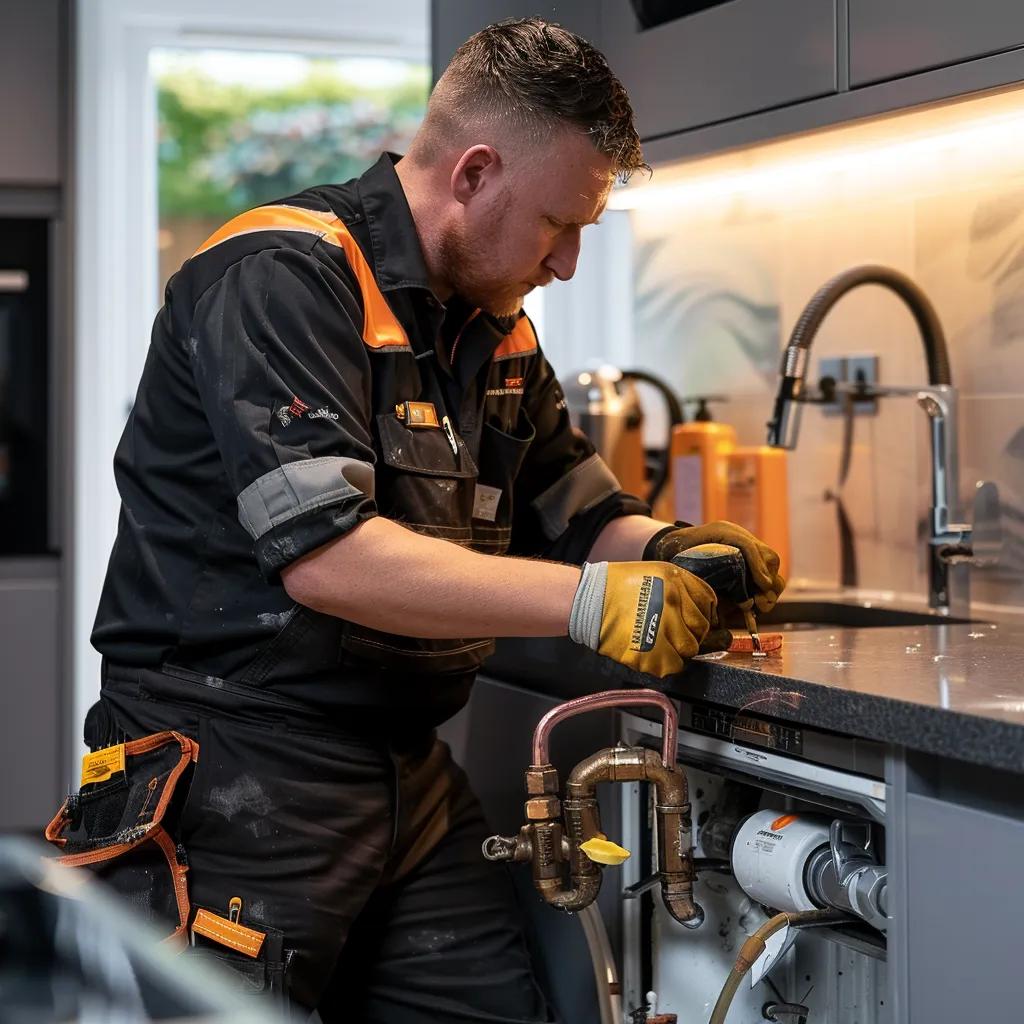 Gas Safe registered plumber repairing leaking pipe in Wigan kitchen
