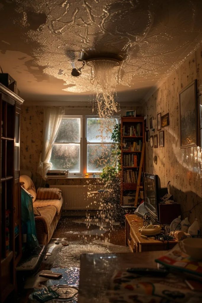 Flooded living room with water leaking from the ceiling, creating a crisis situation, highlighting urgent plumbing issues relevant to emergency plumbing services in Wigan.