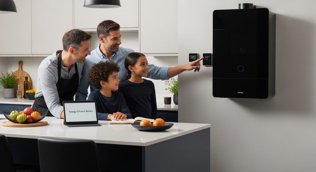 Family in modern kitchen interacting with energy-efficient boiler controls, featuring a tablet displaying "Energy-Efficient Boilers" and a bowl of fresh fruit on the counter.