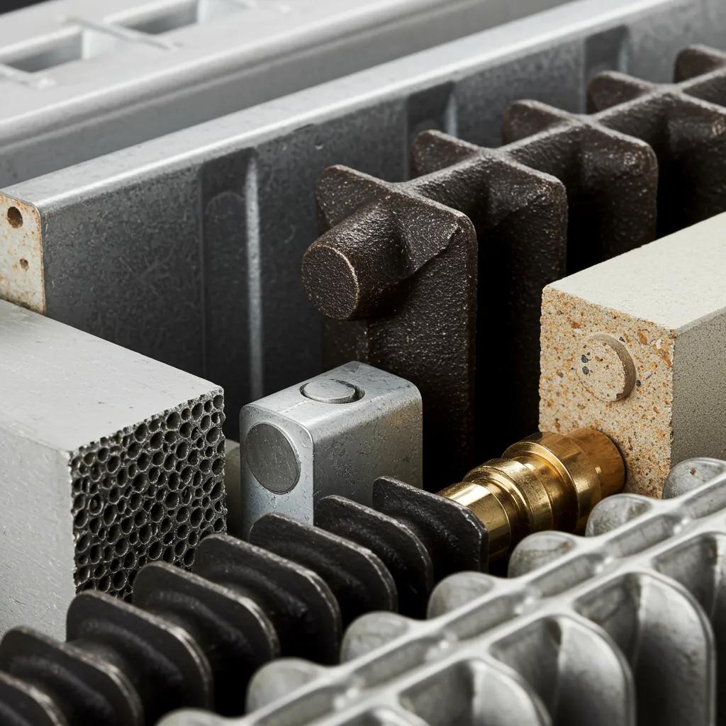 Close-up of various radiator materials showcasing textures and finishes for performance and durability