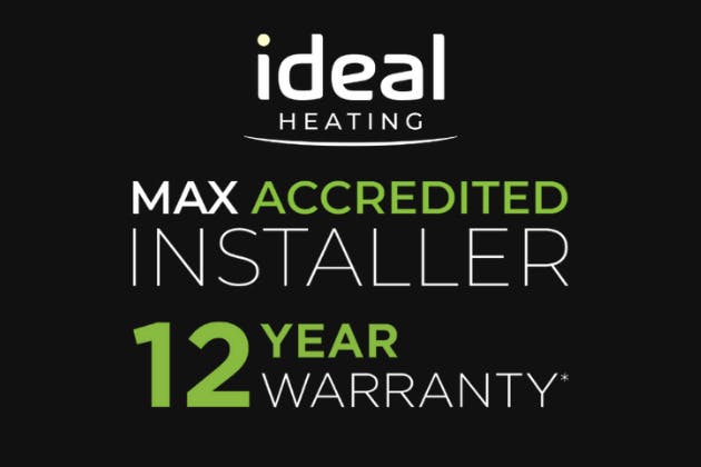ideal heating logo with "MAX ACCREDITED INSTALLER" and "12 YEAR WARRANTY" text, highlighting JJK Gas Services' expertise in boiler installations in Wigan.