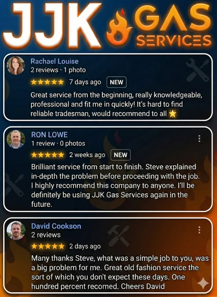 Customer reviews highlighting JJK Gas Services, featuring positive feedback on professional service, knowledgeable staff, and reliability, with a logo incorporating fire and tools.