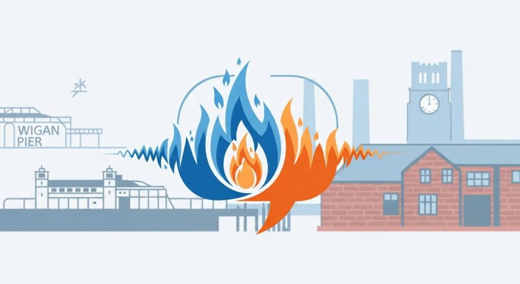 Logo of JJK Gas Services featuring flames and sound waves, with Wigan Pier and a clock tower in the background, symbolizing local plumbing and heating services.