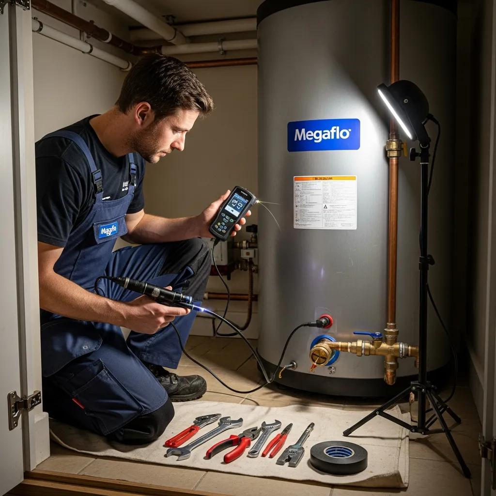 Technician inspecting a Megaflo cylinder for leaks, showcasing repair solutions and maintenance